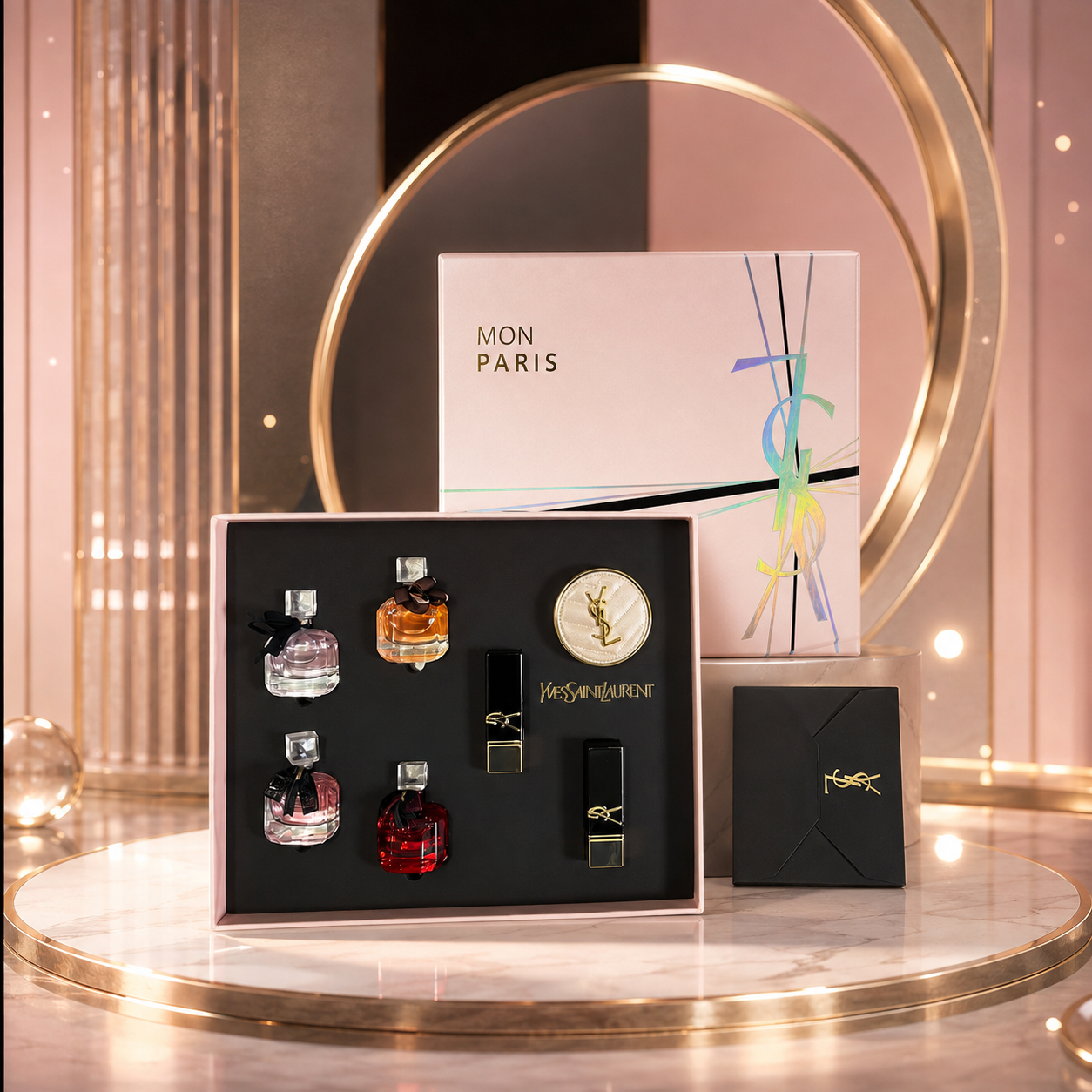 Set 7pcs Mini YSL Mon Paris Lipstick, Perfume, Cushion Limited Edition