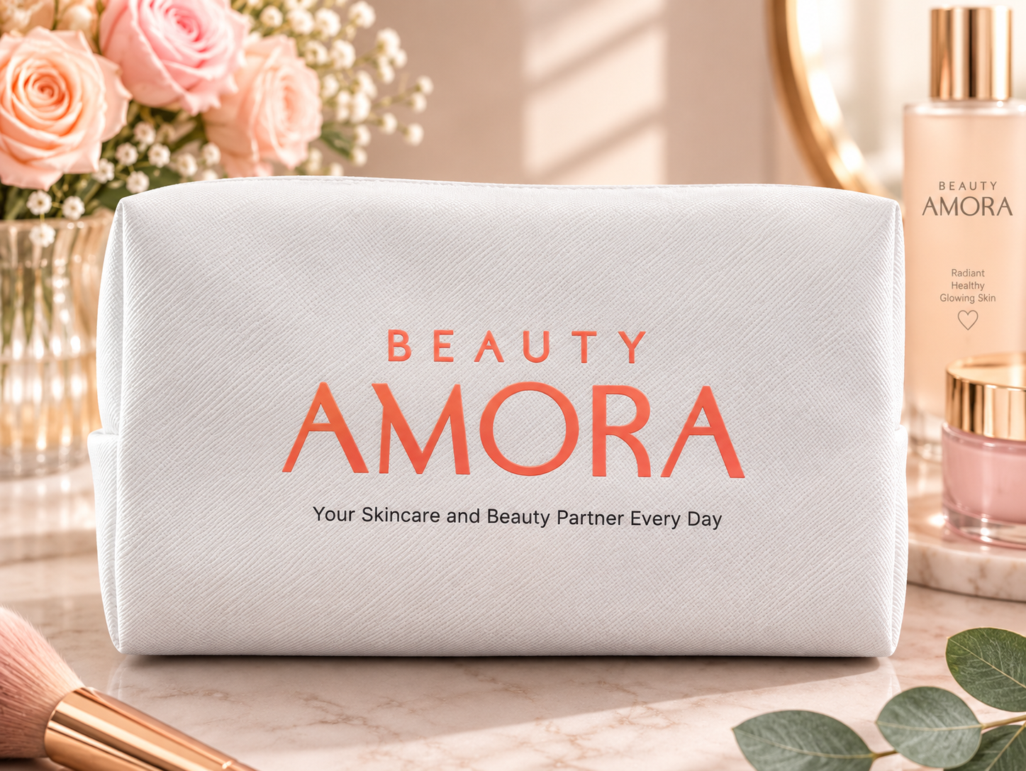 Amora - Travel size beauty white Bag for makeup.